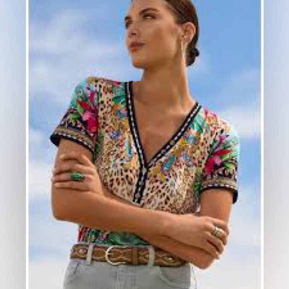 NWT Johnny Was Janie Favorite Henley Tee Miller Tigre Short Sleeve $135 Top PXXL - Picture 1 of 7